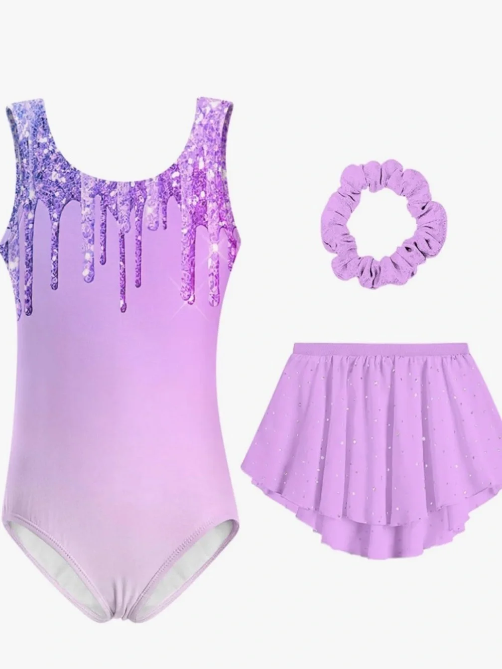 Girls Lavender Purple Gymnastics Leotard Set with Removable Skirt Scrunchie 045